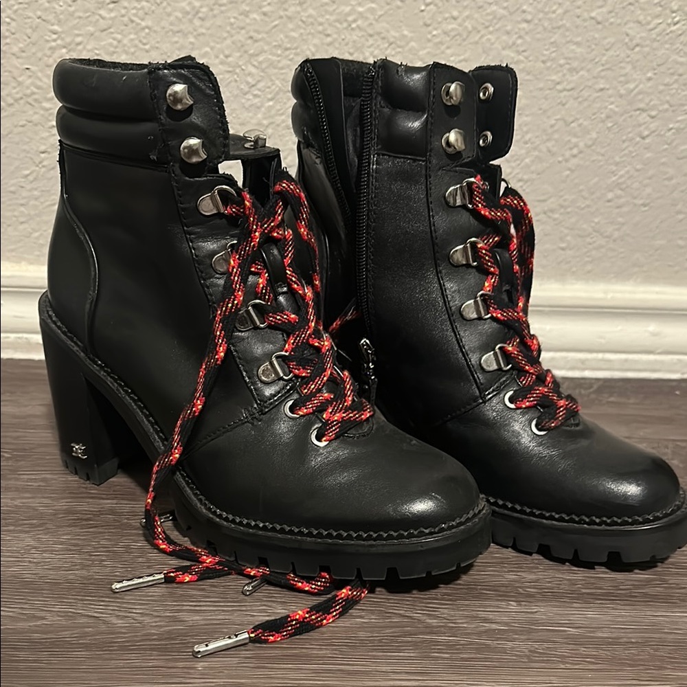 Sam Edelman Black Lace-Up Boots with Red Accents